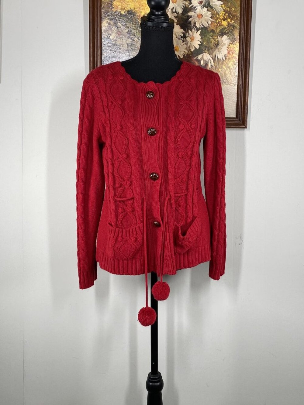 Through The Country Door Cable Knit Sweater Women's Medium Red Pom Pom Belt Cozy